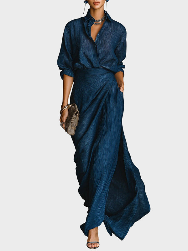 Anita™| Elegantný komplet košele a dlhej sukne zo zmesi bavlny a ľanu v tmavomodrej farbe